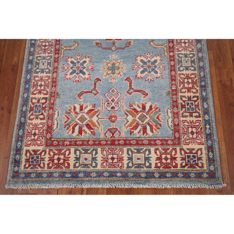 Light Blue Geometric Kazak Accent Rug Hand-Knotted Wool Carpet - 2'11" x 4'11"