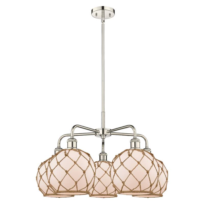 Innovations Lighting Endless Possibilities Ballston - Farmhouse Rope - 5 Light 27" Stem Hung Chandelier - White Glass with Brown Rope/Polished Nickel