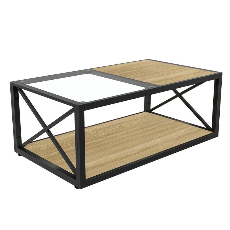 Modern coffee table, Tempered Glass&Natural Wood MDF Top,Industrial Style coffee table