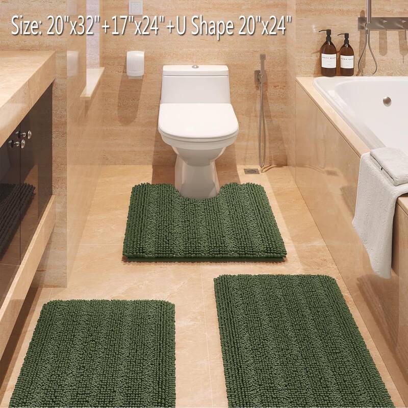 Ultra Soft Striped Non Slip Chenille Bathroom Rug Set 3 Pieces - Oliver Green