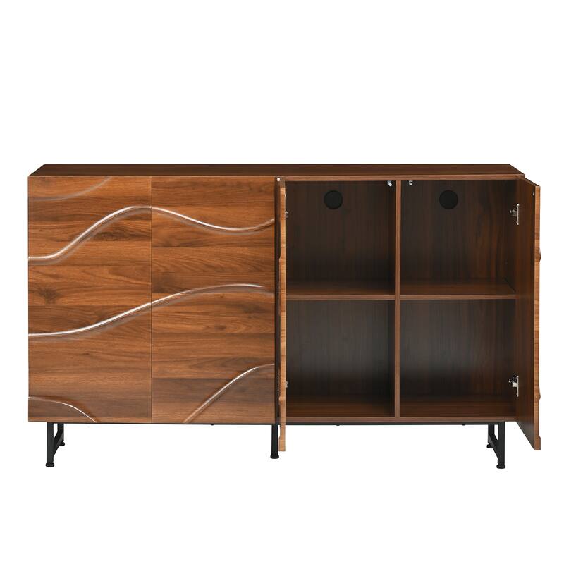 Modern Solid Wood Sideboard with Wave Relief Design, Large 4 Door Storage Cabinet Walnut Texture Buffet Sideboard