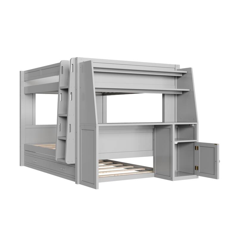 Roomfitters Full Over Full Bunk Bed with Built-In Desk, Bookshelves and Trundle
