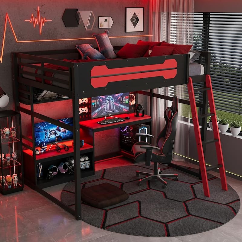 E-Sport Elite Full Size Loft Bed with RGB Lighting, Charging Station & Gaming Desk Hub by Harper&Bright Designs