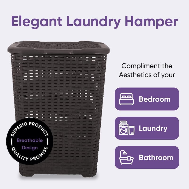 Superio Plastic Wicker Laundry Hamper with Lid Large Capacity - Capacity: 60l