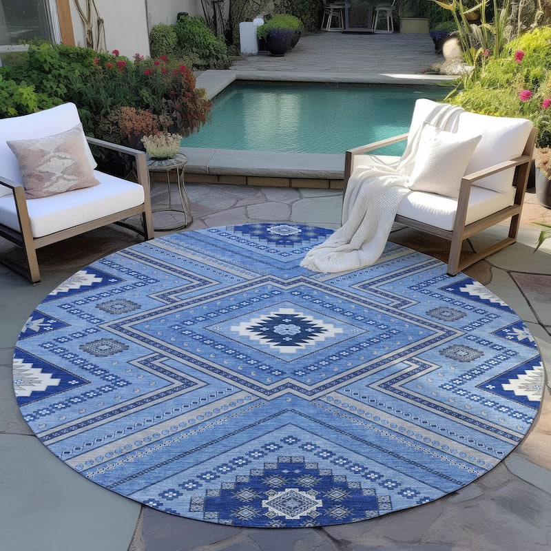 Machine Washable Indoor/ Outdoor Global Boho Chantille Rug - Blue - 8' x 8'