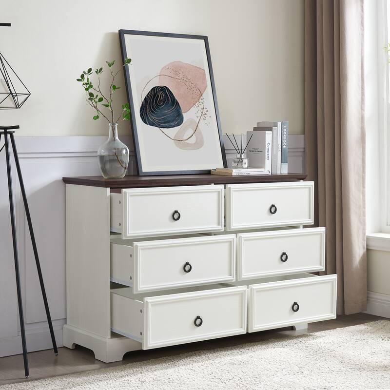 White Modern Farmhouse 6-Drawer Chest, Elegant Bedroom Dresser