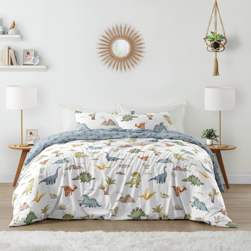 Sweet Jojo Designs Watercolor Dinosaur Dino Boy 3pc Full/Queen Comforter Set Green Blue White Modern Jurassic Nature Animal Tan