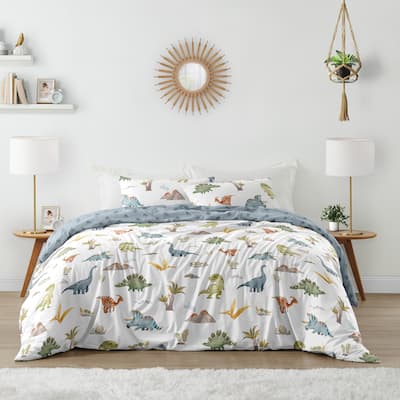 Sweet Jojo Designs Watercolor Dinosaur Dino Boy 3pc Full/Queen Comforter Set Green Blue White Modern Jurassic Nature Animal Tan