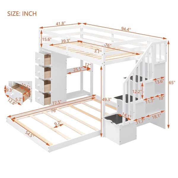 dimension image slide 1 of 2, Twin Over Full Size Bunk Bed with Shelves and Storage, White
