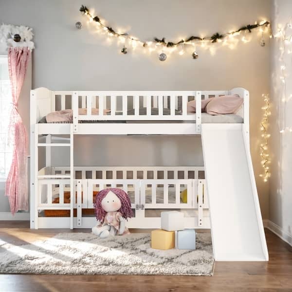 slide 2 of 16, Full Over Full Low Bunk Bed with Slide, with Fence and Ladder for Toddler Kids Teens White