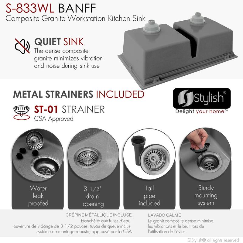 STYLISH Dual Mount 33" Double-Bowl Composite Granite Kitchen Sink - 33" x 18" x 9.5"