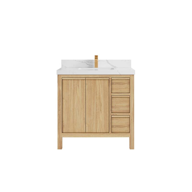 Willow Collections 36 in. W x 22 in. D Elizabeth Solid Teak Wood Center Sink Bathroom Vanity with Countertop - 2" Calacatta Nuvo - Light Natural Teak