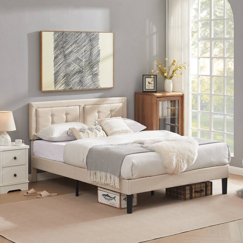 VECELO Bed Frame with Adjustable Headboard, Upholstered Button Tufted Platform Bedframe with Wood Slats Support
