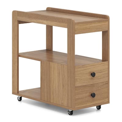 3-Tier Wooden Mobile Side End Table with Casters and 2 Drawers for Bedroom or Living Room - 25.5" x 12" x 24.5"