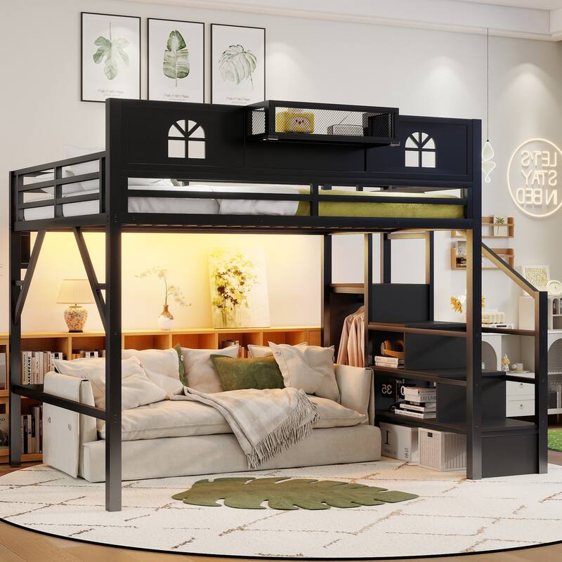 Queen/Full Size Metal Loft Bed with Stairs and House-Shaped Guardrails, High Loft Bed with Built-in Wardrobe