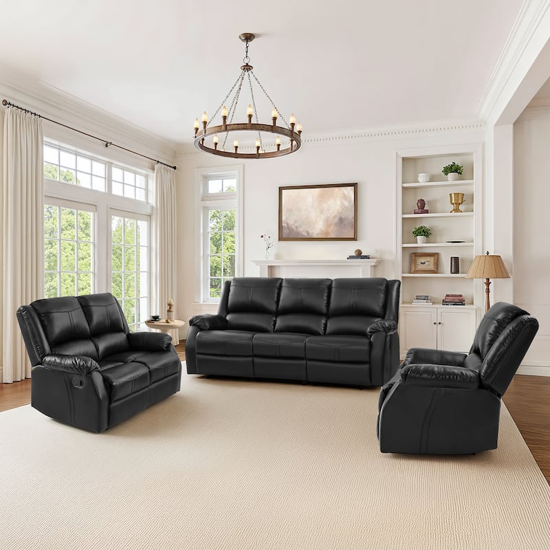3-Piece Faux Leather Upholstered Recliner Sofa Set,Manual Recliner Sofa,Recliner Chair,3 Piece Living Room Sets Furniture - Black