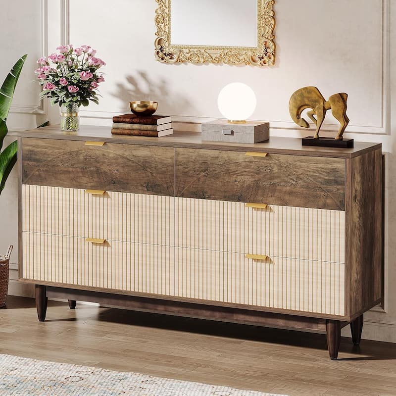 55 Inches Dresser for Bedroom, Green Long Double Dresser Organizer Wood Cabinet