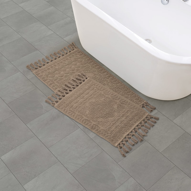 French Connection Nellore Fringe Cotton Bath Rug - 17x28/20x38 - Light Brown