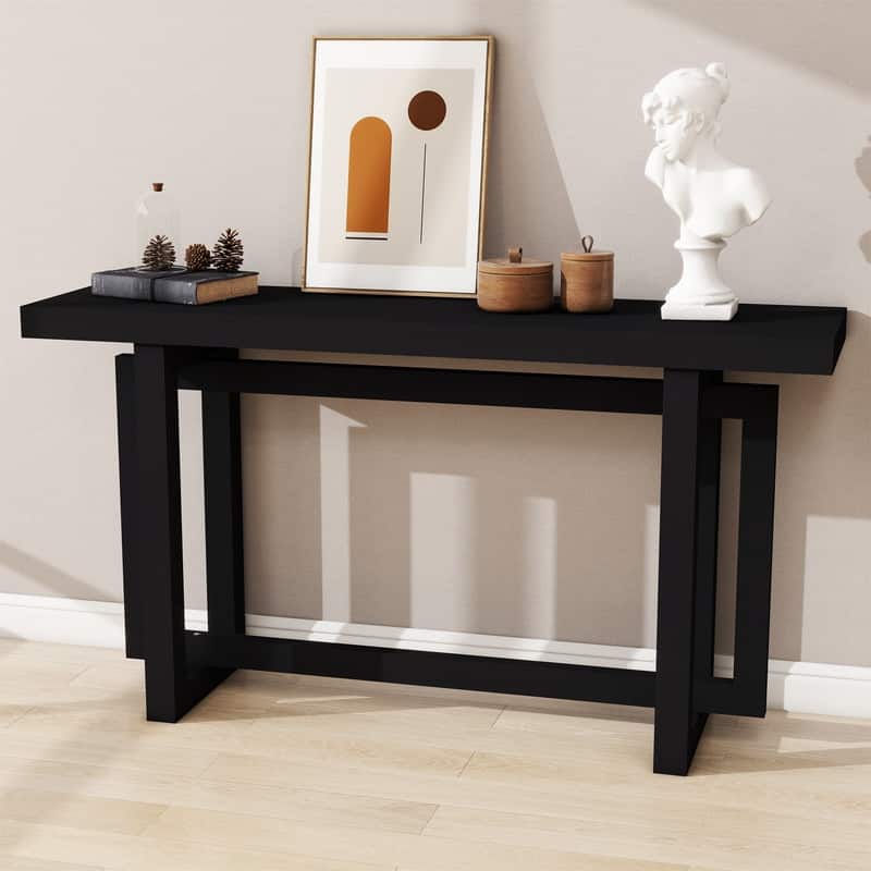 Modern Entryway Console Table with Industrial-inspired Concrete Wood Top, Hallway Foyer Sofa Long Table Entryway Table - BLACK