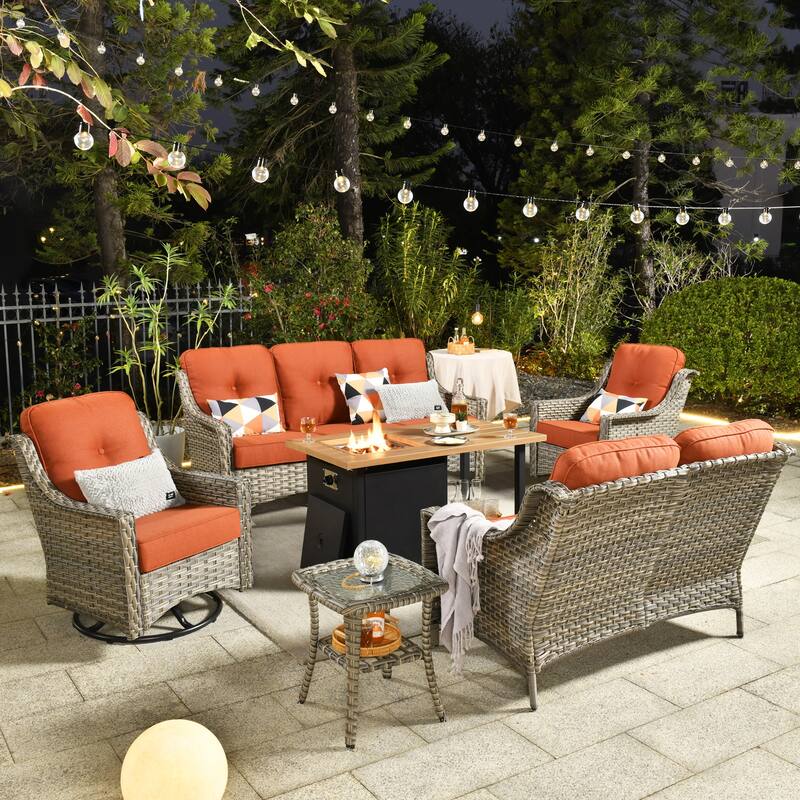 HOOOWOOO 6-piece Wicker Outdoor Conversation Set Swivel Chairs with Fire Pit