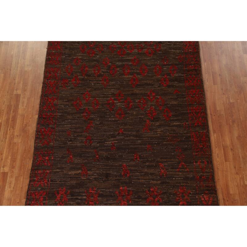 Dark Brown Tribal Moroccan Oriental Area Rug Hand-knotted Wool Carpet - 6'7" x 9'11"