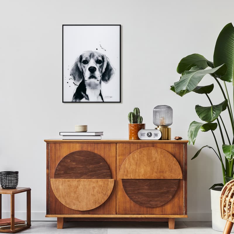 "Beagle" Black and White Pet Paintings on Printed Glass Encased with a Black Anodized Frame