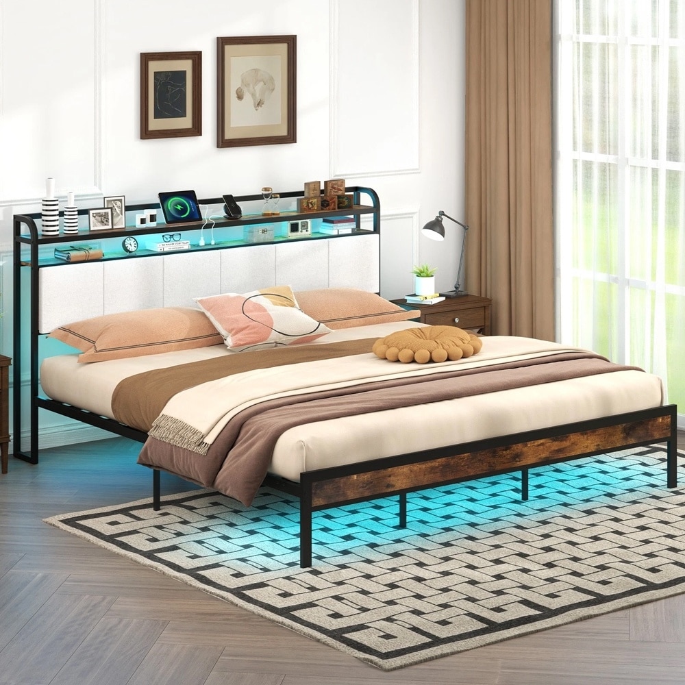 King Bed Frame LED Light & Charging Station Heavy Duty Metal Platform