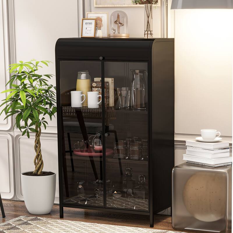 47.6" Tall Metal Storage Cabinet with Glass Doors & Flip-Top, 4-Tier Display Cabinet with Open Shelves, Freestanding Buffet - Antique Black