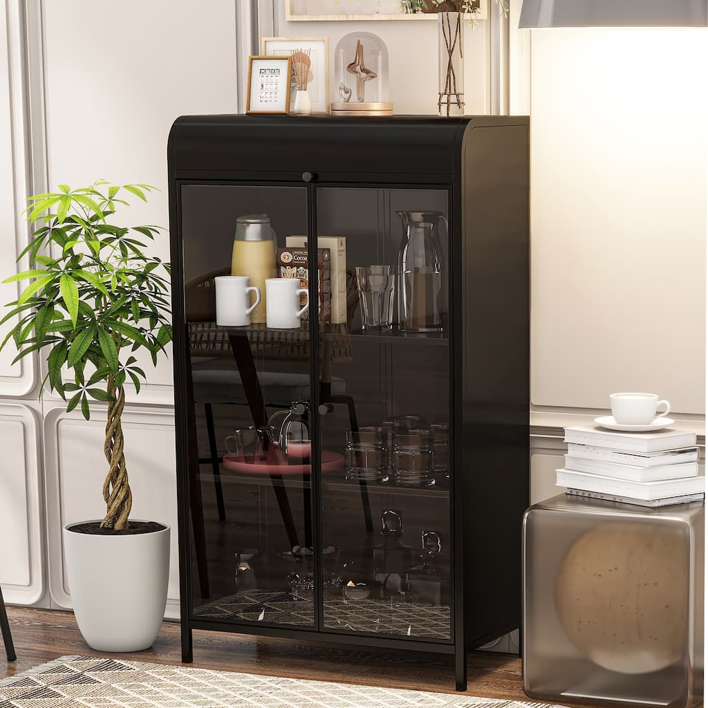 47.6" Tall Metal Storage Cabinet with Glass Doors & Flip-Top, 4-Tier Display Cabinet with Open Shelves