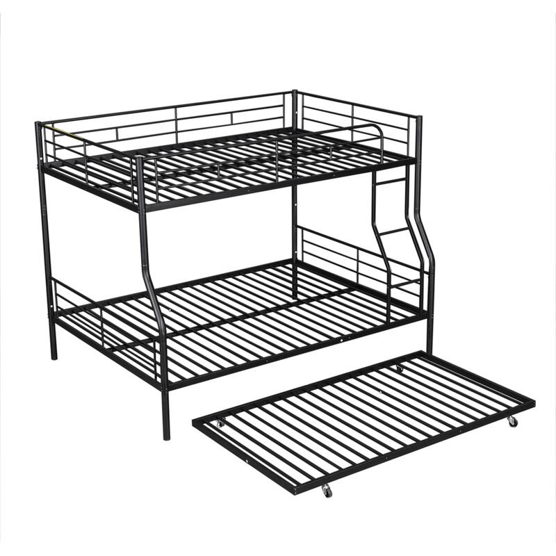 Full XL Over Queen Metal Bunk Bed with Trundle and Guardrail, Convertible to Two Beds