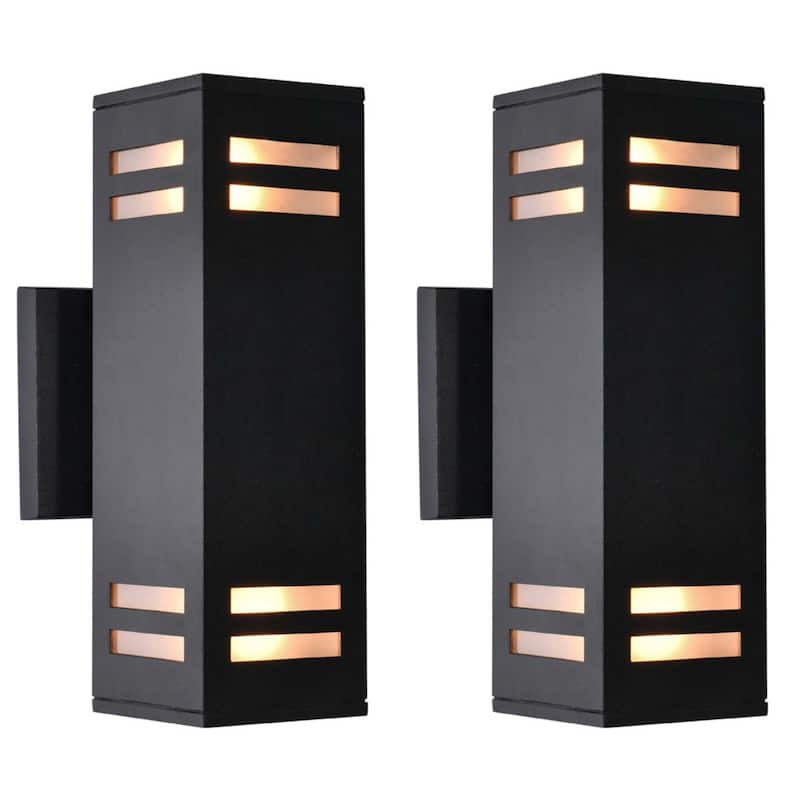 2 Pack 2-Light Mid-Century Modern Black Square Outdoor Waterproof Lantern Wall Sconces - 3.5 in. W x 11.2 in. H - 3.5 in. W x 11.2 in. H - Satin Black