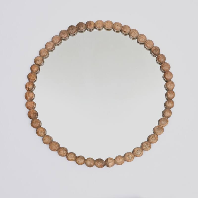 Round Natural Wooden Bead Frame Hanging Wall Mirror - Decorative Accent