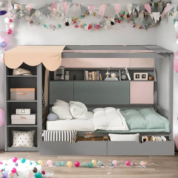 slide 2 of 15, Modern Full size House Bed with Two Drawers and Built-in Wardrobe,Storage Spaces for Bedroom Grey