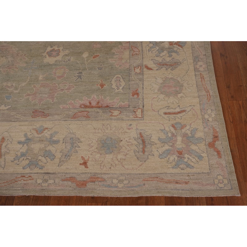 Green Floral Oushak Vegetable Dye Area Rug Handmade Wool Carpet - 8'2" x 9'9"
