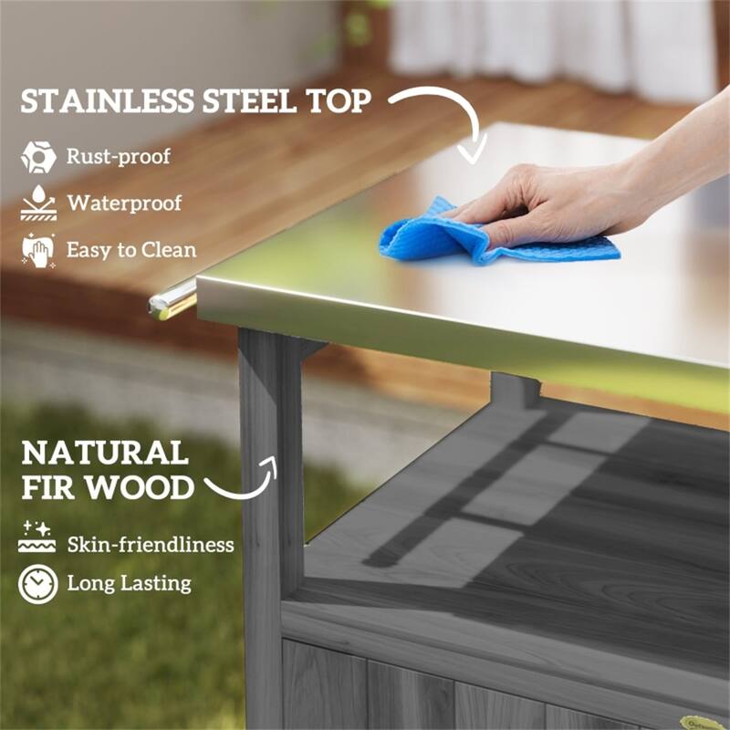 Dark Gray Solid Wood Grill Cart with Stainless Steel Top Cabinet Spice Rack Towel Holder and Swivel Casters 27 Inch