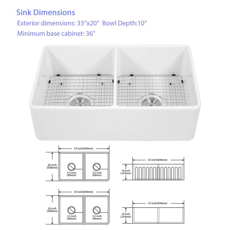 33" White Ceramic Double Bowl Farm Kitchen Sink