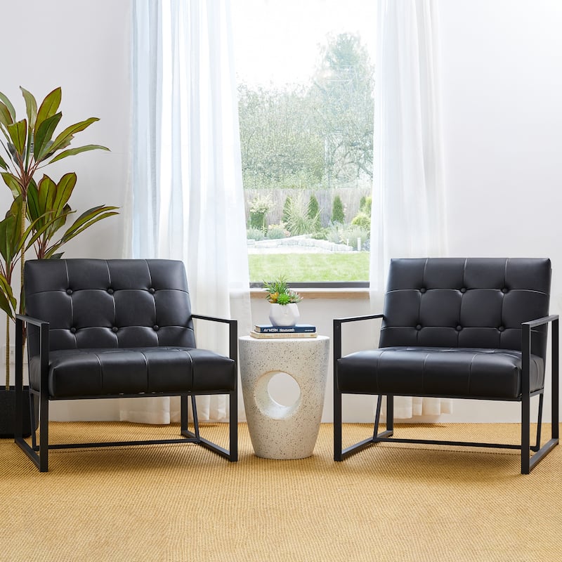 Glitzhome 29.50"W Mid-Century PU Leather Tufted Accent Chair - 29.5"W x 30.5"H x 29.25"D - Two Black