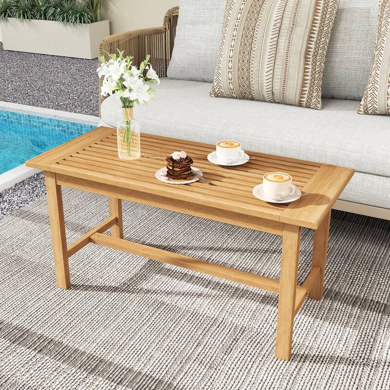 36-Inch Teak Wood Rectangular Coffee Table with Slatted Top and Natural Finish for Indoor or Outdoor Use - 36"L x 15.5"W x 18"H
