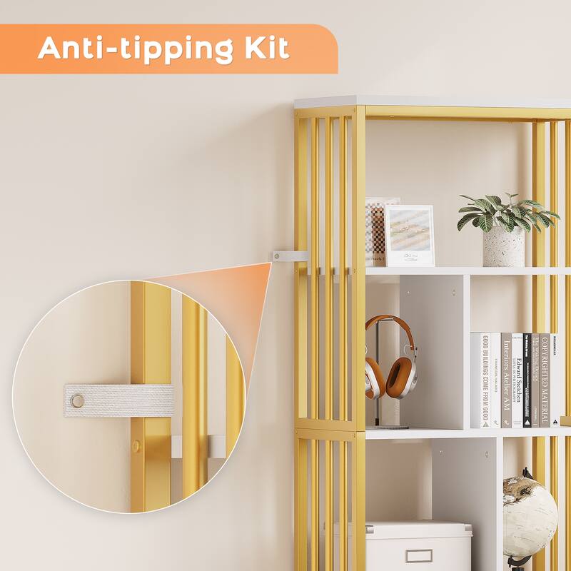 Gold Bookshelf with Drawers Modern Bookcase Storage Rack