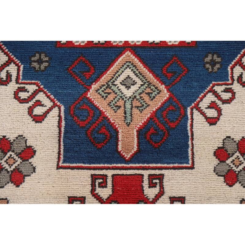 Hand Knotted Oriental 100% Wool Carpet Traditional Geometric Beige & Ivories Kazak Area Rug - 9' 7'' X 6' 7''