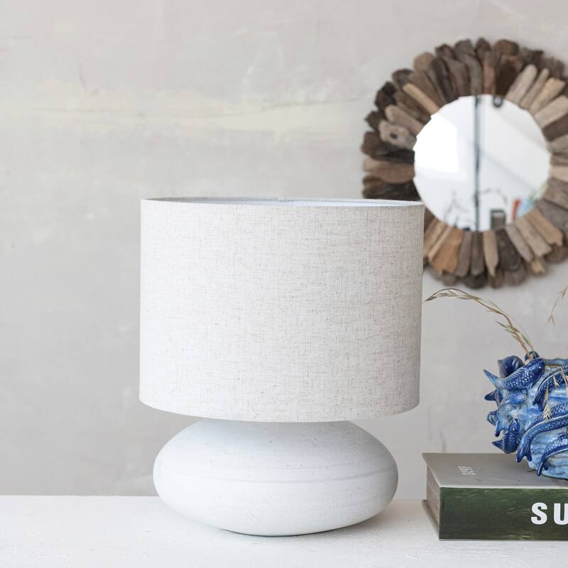 Round Stoneware Table Lamp with Linen Shade, White - 16.0"L x 16.0"W x 16.0"H