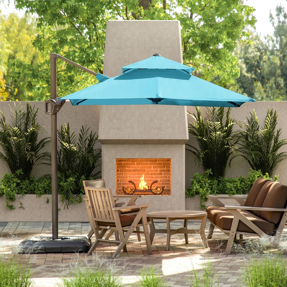 american patio umbrellas 11' Octagon Offset Brown Frame Beige Canopy Umbrella and daily use. Shelby American Patio Umbrella-Tan/Blue
