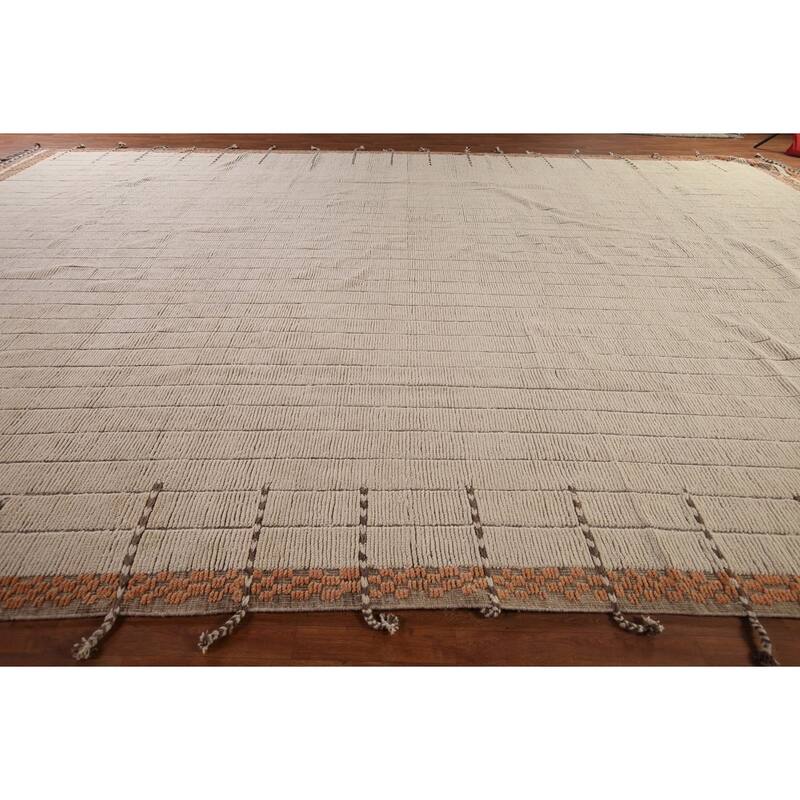 Striped Ivory Moroccan Palace Size Large Rug Hand-Knotted Wool Carpet - 14'2"x 21'6"