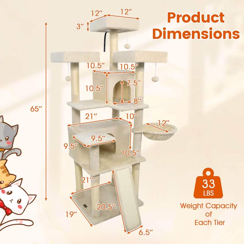 Costway 65” Tall Multi-level Cat Tree with 3 Upholstered Top Perch 2 - See Details