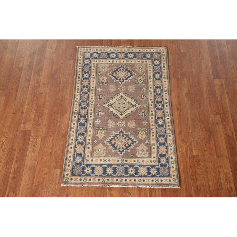 Geometric Kazak Oriental Accent Rug Handmade Brown Wool Carpet - 2'8" x 4'2"