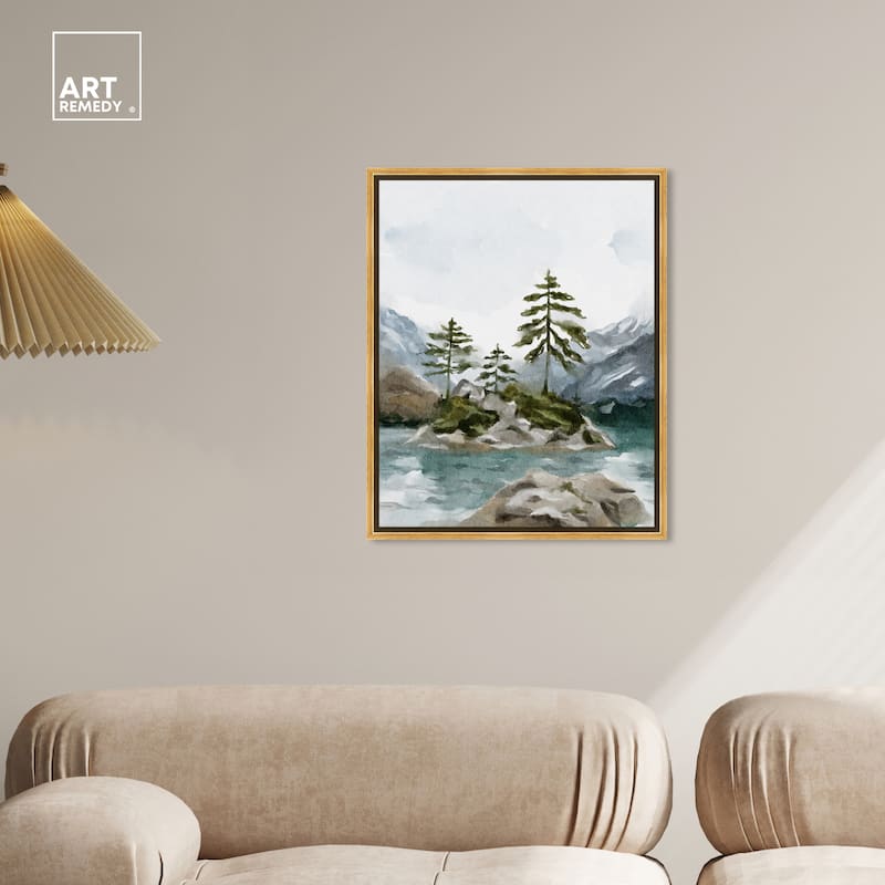 Art Remedy Cold Winter Lake Framed Landscape 1 Piece Canvas Wall Art Watercolor Style