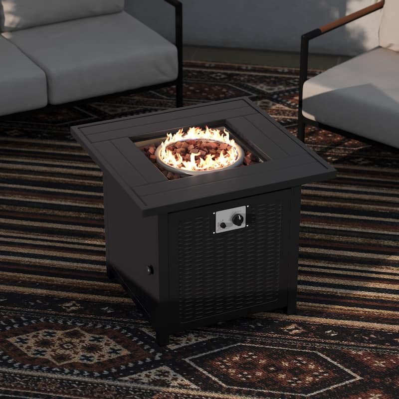Outdoor 50,000 BTU Metal Fire Pit Table with Lid and Lava Rock