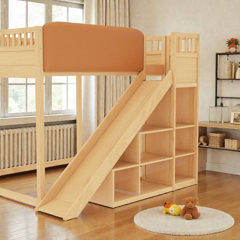 Loft Bed with Upholstered Headboard, Storage Shelves, Ladder and Slide, Solid Wood Frame