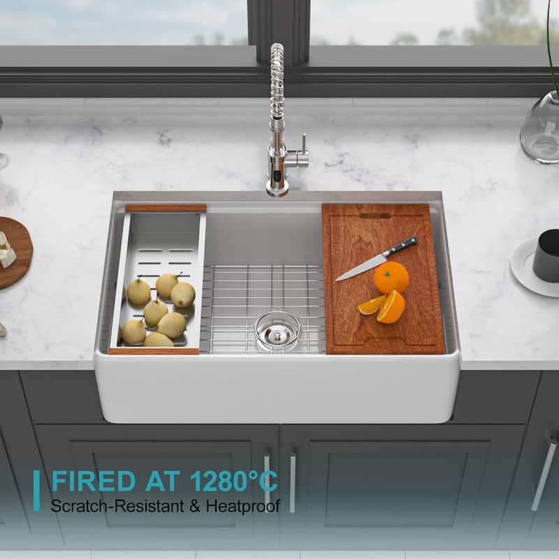 White Kitchen Sink Workstation - 33 x 20 x 10 inch White Porcelain Ceramic Sngle Bowl Kitchen Sink