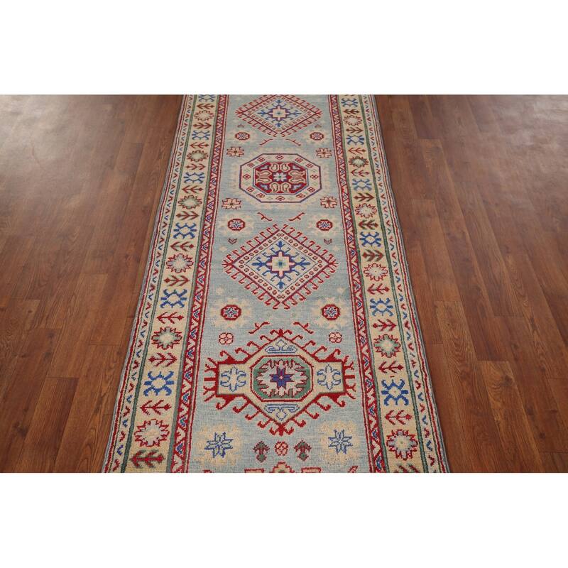 Geometric Kazak Oriental Runner Rug Hand-Knotted Grey Wool Carpet - 2'7" x 16'0"